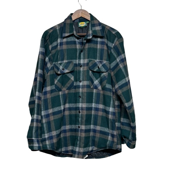 Vintage Cabela's Green Plaid Flannel Shirt Jacket Mens Medium Bonded Made In USA - Picture 1 of 10